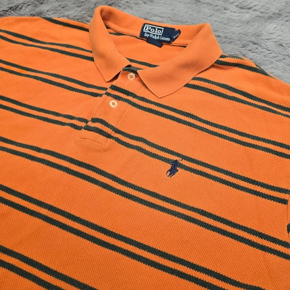 Polo Ralph Lauren Mens‎ XL Orange Navy Blue Striped Cotton Pique Polo Shirt
